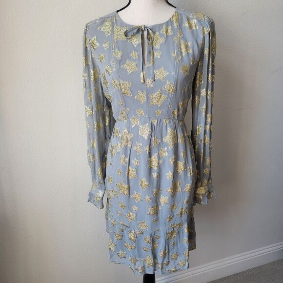 New With Tags LOFT Womens Medium Blue Gray Gold Silver Shimmer Star Tiered Dress - Picture 1 of 15